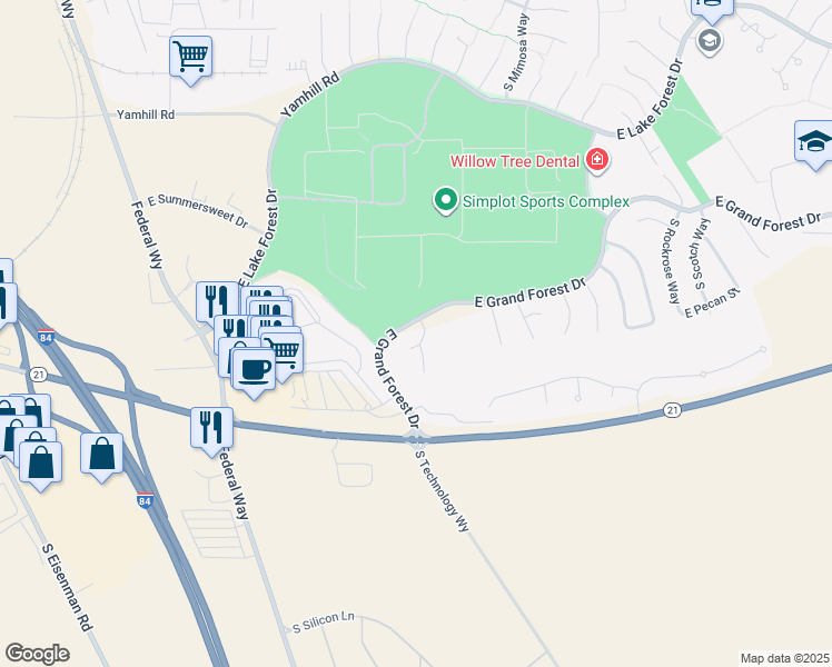 map of restaurants, bars, coffee shops, grocery stores, and more near 6449 South Honeylocust Place in Boise