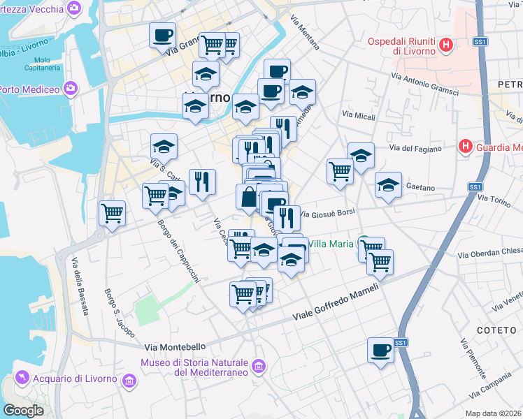 map of restaurants, bars, coffee shops, grocery stores, and more near 22 Via Giovanni Marradi in Livorno