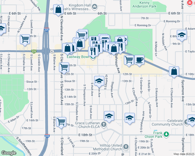 map of restaurants, bars, coffee shops, grocery stores, and more near 505 South Sneve Avenue in Sioux Falls