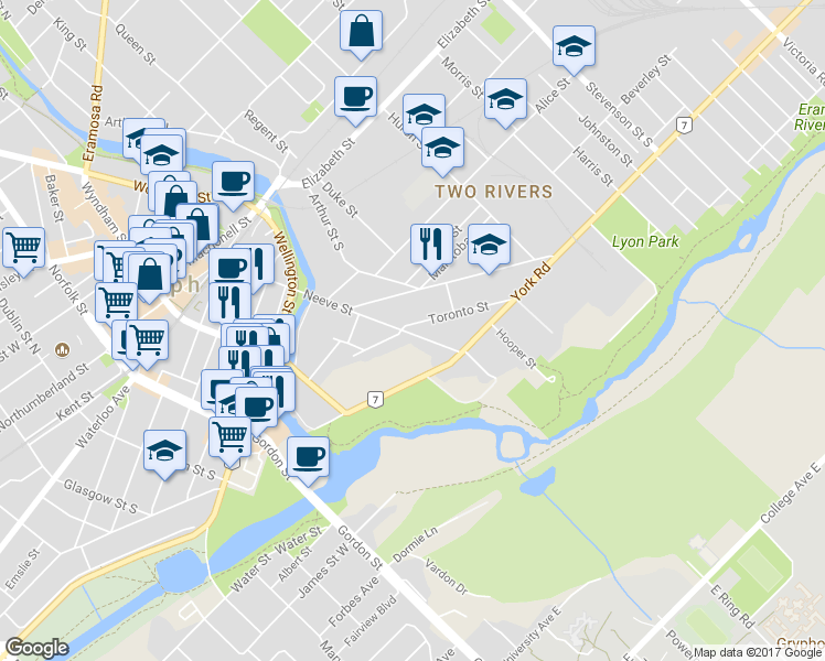 map of restaurants, bars, coffee shops, grocery stores, and more near 158 Neeve Street in Guelph