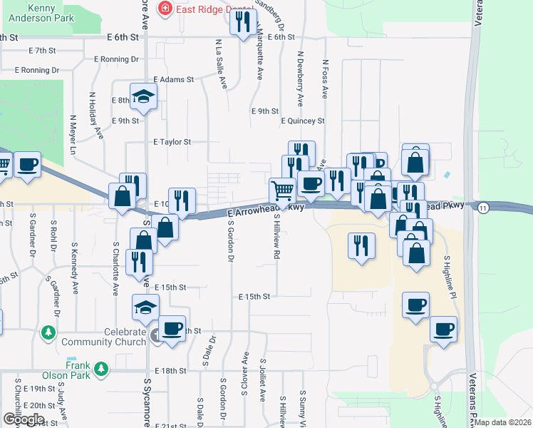 map of restaurants, bars, coffee shops, grocery stores, and more near 5005 East Linden Lane in Sioux Falls