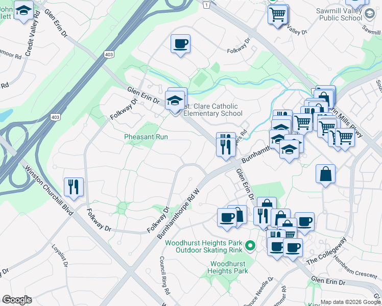 map of restaurants, bars, coffee shops, grocery stores, and more near 4291 Pheasant Run in Mississauga