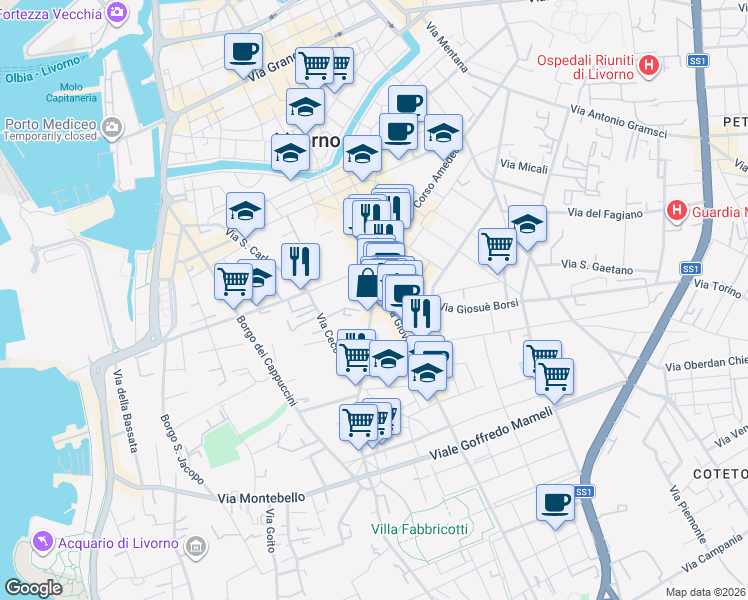 map of restaurants, bars, coffee shops, grocery stores, and more near 16 Via Leonardo Cambini in Livorno