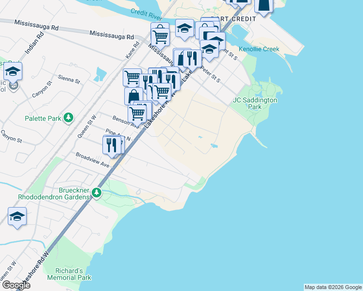 map of restaurants, bars, coffee shops, grocery stores, and more near 55 Lou Parsons Way in Mississauga