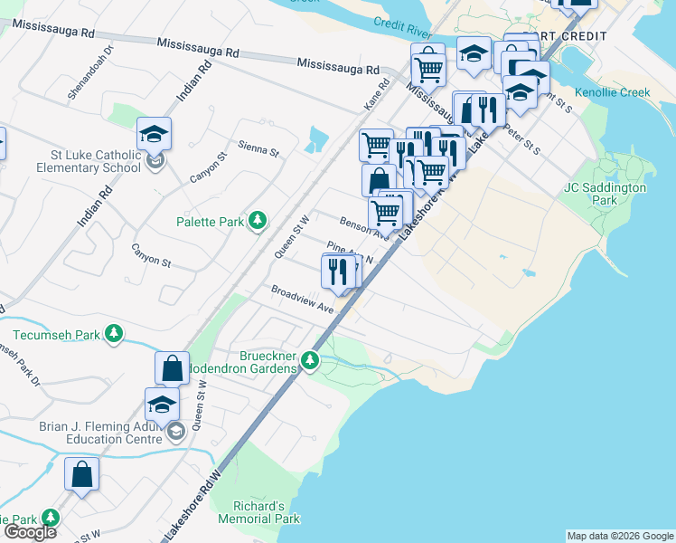 map of restaurants, bars, coffee shops, grocery stores, and more near 11B Maple Avenue North in Mississauga