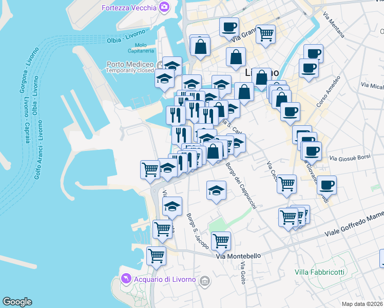 map of restaurants, bars, coffee shops, grocery stores, and more near 51 Corso Giuseppe Mazzini in Livorno