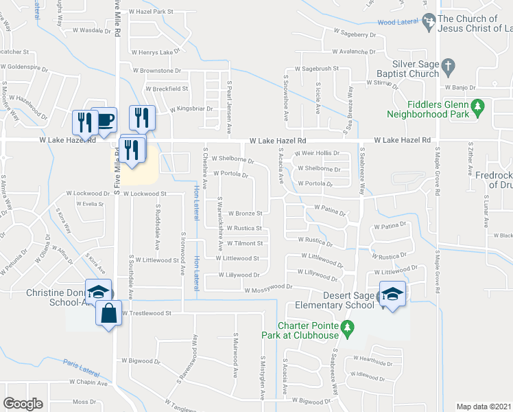 map of restaurants, bars, coffee shops, grocery stores, and more near 6540 South Derbyshire Avenue in Boise