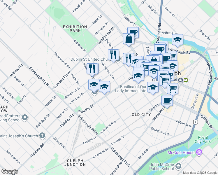 map of restaurants, bars, coffee shops, grocery stores, and more near 126 Oxford Street in Guelph