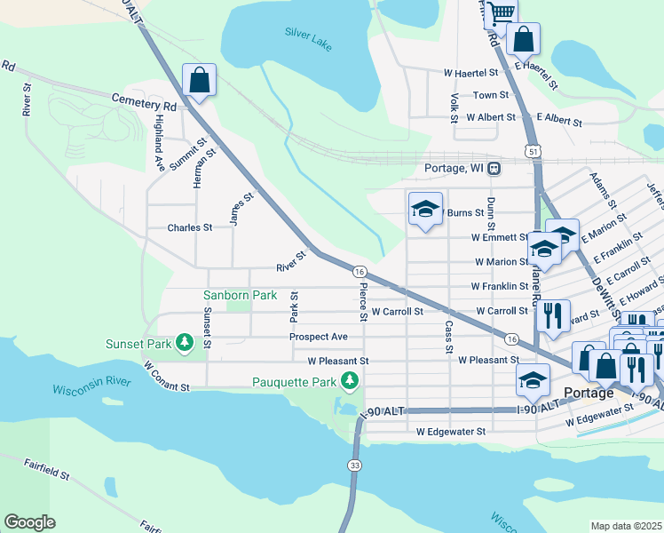 map of restaurants, bars, coffee shops, grocery stores, and more near 926 West Wisconsin Street in Portage