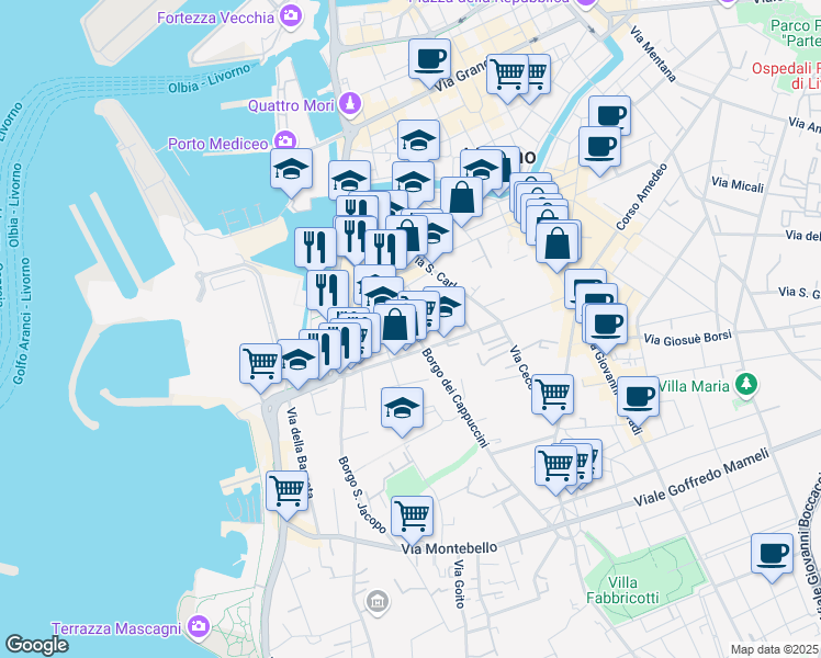 map of restaurants, bars, coffee shops, grocery stores, and more near 18 Via Carlo Bini in Livorno