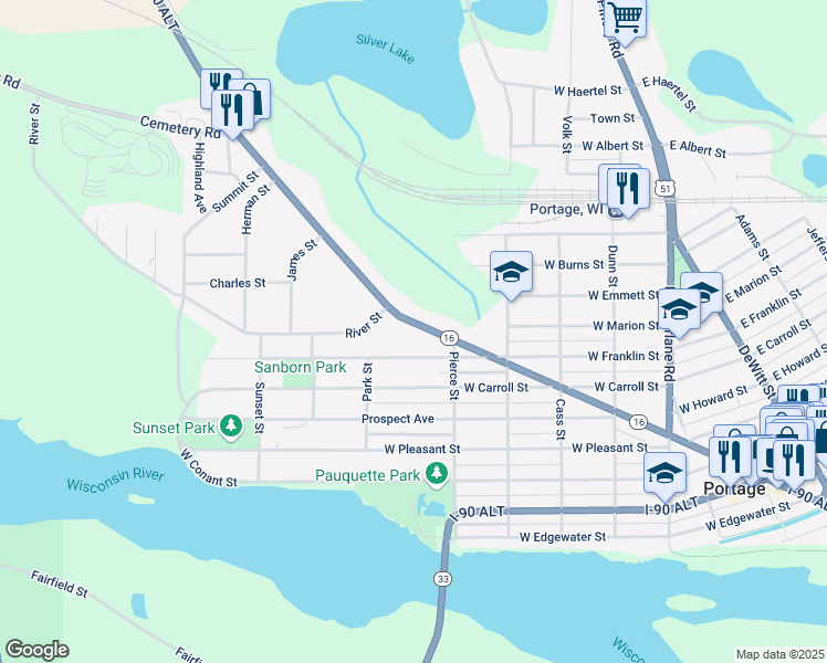 map of restaurants, bars, coffee shops, grocery stores, and more near 926 West Wisconsin Street in Portage
