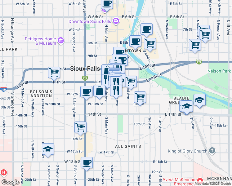map of restaurants, bars, coffee shops, grocery stores, and more near 108 West 12th Street in Sioux Falls