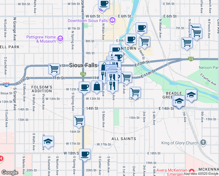 map of restaurants, bars, coffee shops, grocery stores, and more near 108 West 12th Street in Sioux Falls