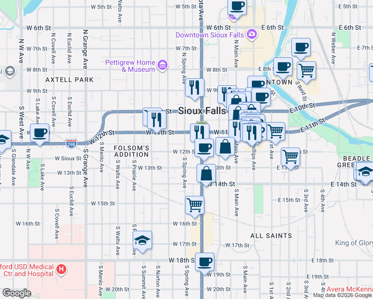 map of restaurants, bars, coffee shops, grocery stores, and more near 411 West 12th Street in Sioux Falls