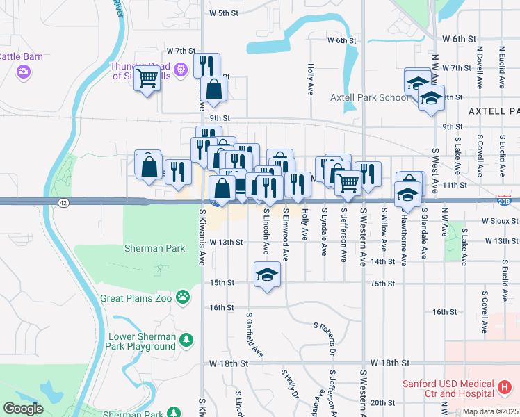 map of restaurants, bars, coffee shops, grocery stores, and more near 2407 West 12th Street in Sioux Falls