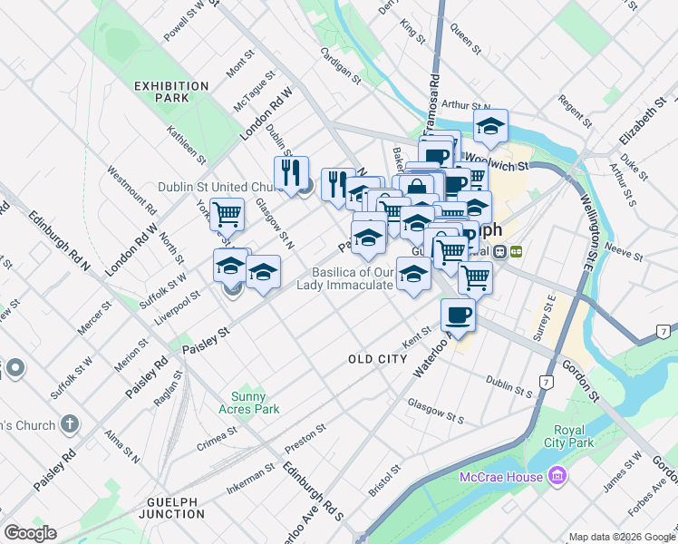 map of restaurants, bars, coffee shops, grocery stores, and more near 11 Cambridge Street in Guelph
