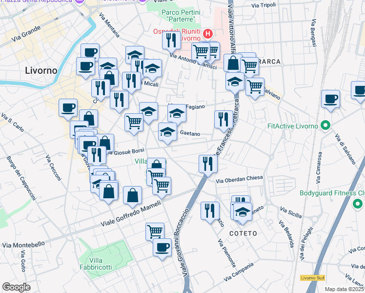 map of restaurants, bars, coffee shops, grocery stores, and more near 60 Via Pietro Coccoluto Ferrigni in Livorno