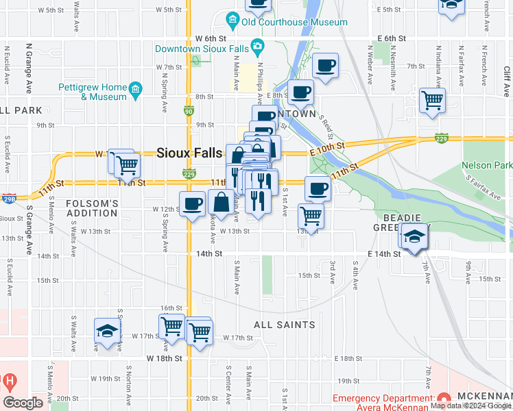 map of restaurants, bars, coffee shops, grocery stores, and more near 333 South Phillips Avenue in Sioux Falls