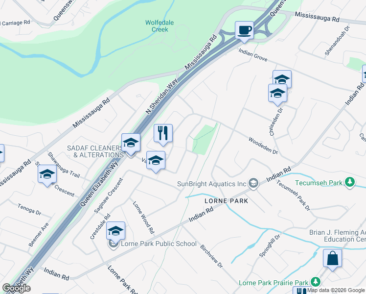 map of restaurants, bars, coffee shops, grocery stores, and more near 1025 Vanier Drive in Mississauga