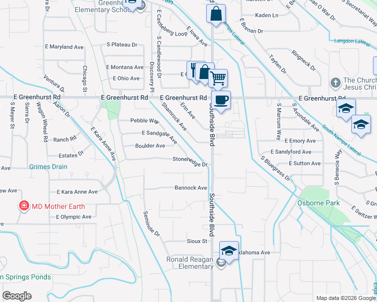 map of restaurants, bars, coffee shops, grocery stores, and more near 2908 East Sandgate Avenue in Nampa