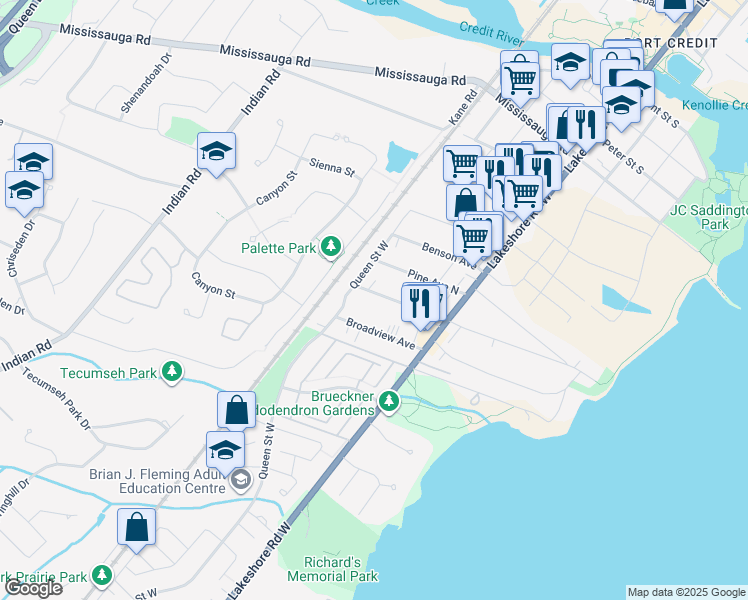 map of restaurants, bars, coffee shops, grocery stores, and more near 38 Maple Avenue North in Mississauga