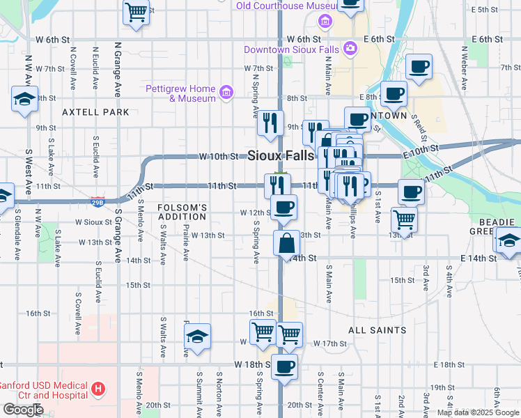 map of restaurants, bars, coffee shops, grocery stores, and more near 424 West 12th Street in Sioux Falls