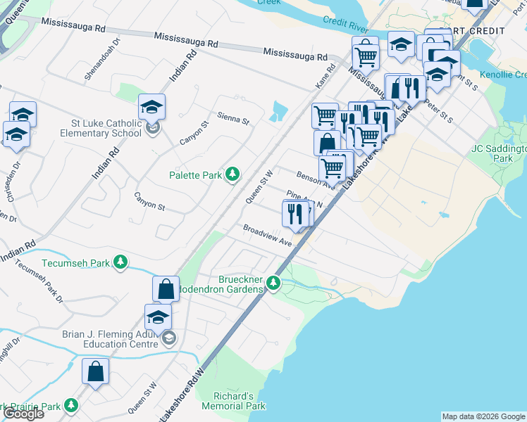 map of restaurants, bars, coffee shops, grocery stores, and more near 38A Maple Avenue North in Mississauga
