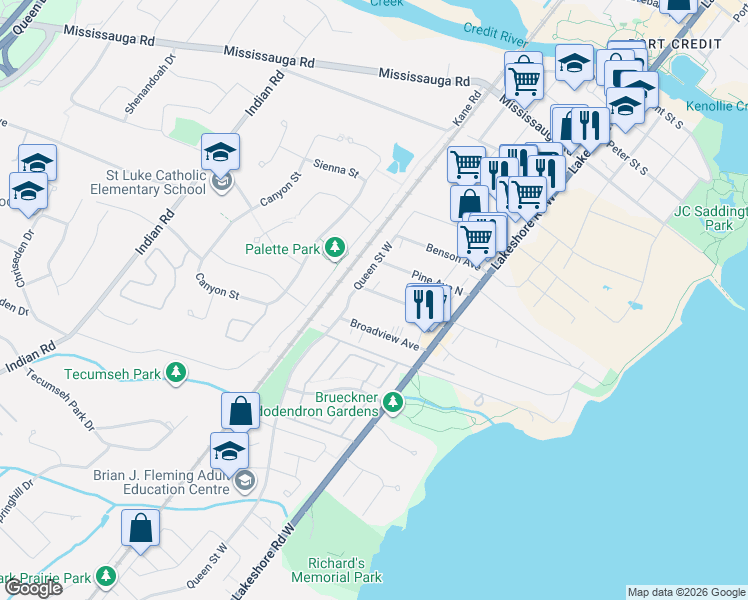 map of restaurants, bars, coffee shops, grocery stores, and more near 40 Maple Avenue North in Mississauga