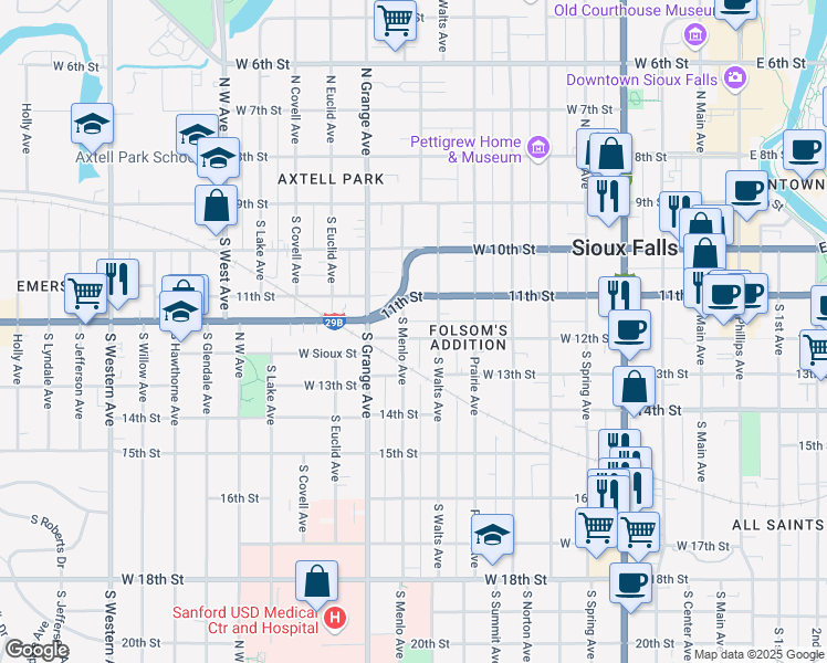 map of restaurants, bars, coffee shops, grocery stores, and more near 922 West 12th Street in Sioux Falls