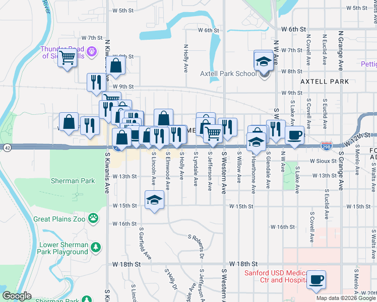 map of restaurants, bars, coffee shops, grocery stores, and more near 2115 West 12th Street in Sioux Falls