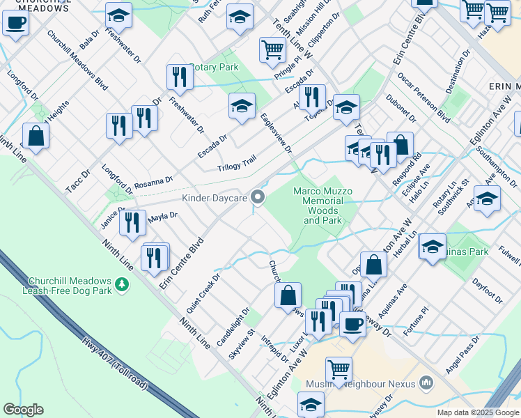 map of restaurants, bars, coffee shops, grocery stores, and more near in Mississauga