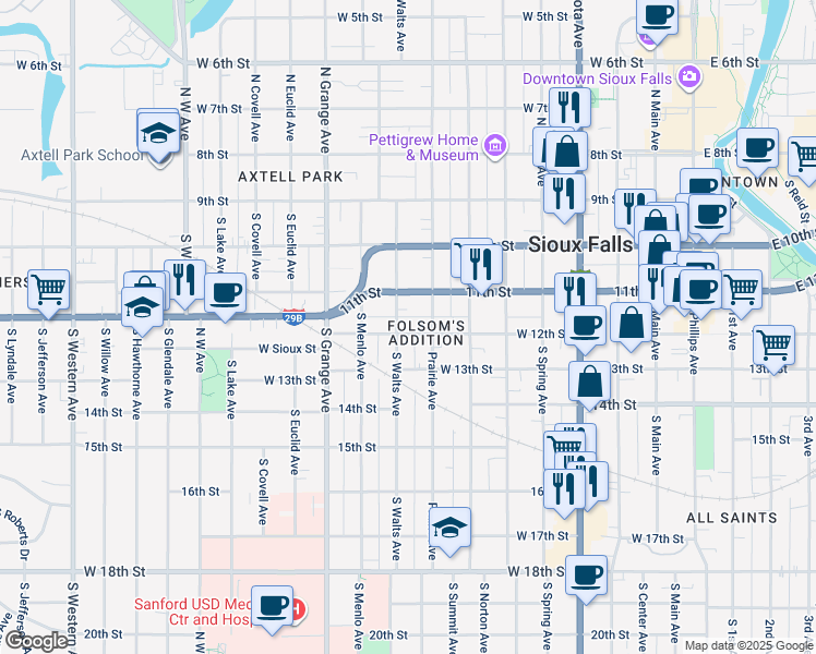 map of restaurants, bars, coffee shops, grocery stores, and more near 824 West 12th Street in Sioux Falls