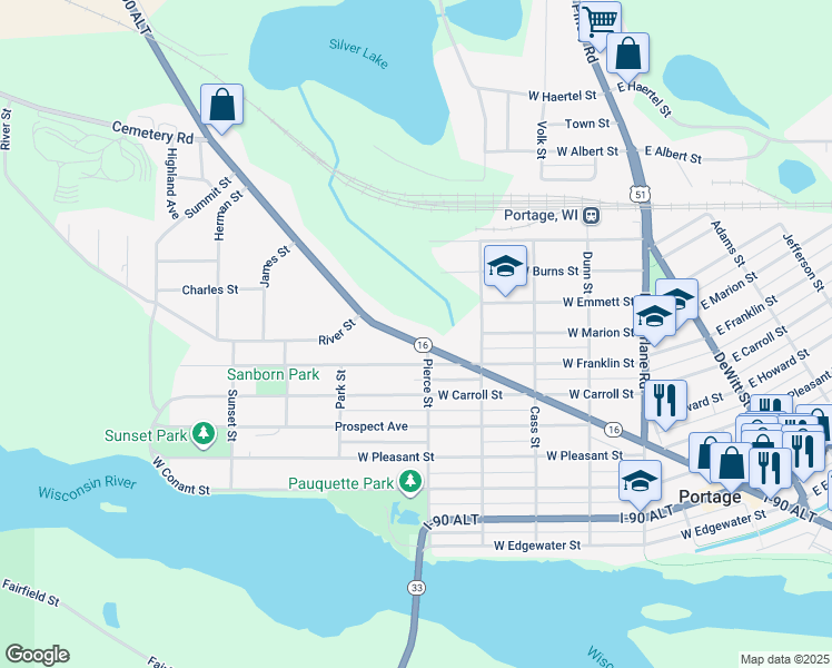 map of restaurants, bars, coffee shops, grocery stores, and more near 911 West Wisconsin Street in Portage