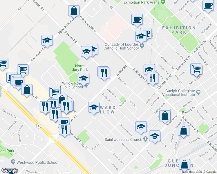 map of restaurants, bars, coffee shops, grocery stores, and more near 11 Plymouth Court in Guelph