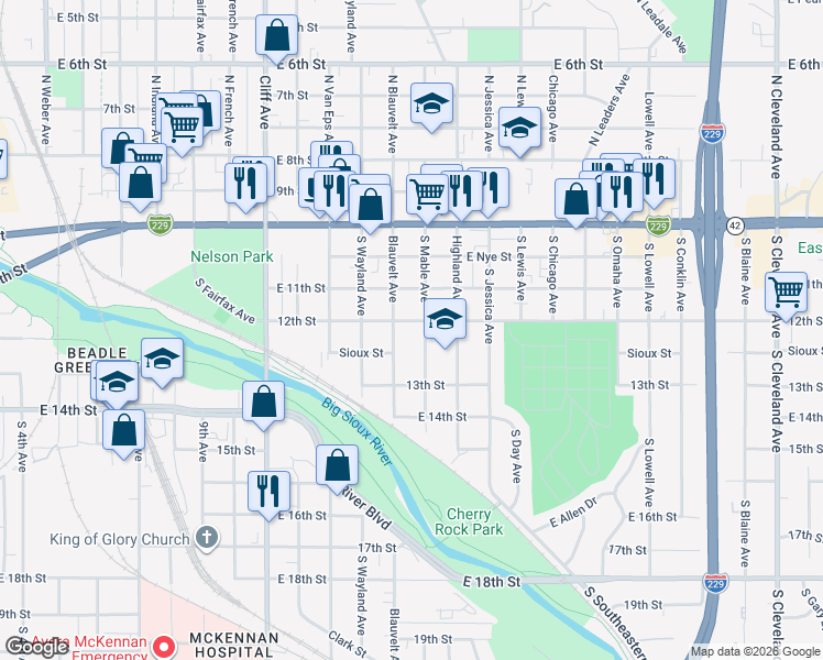 map of restaurants, bars, coffee shops, grocery stores, and more near 500-698 S Mable Ave in Sioux Falls