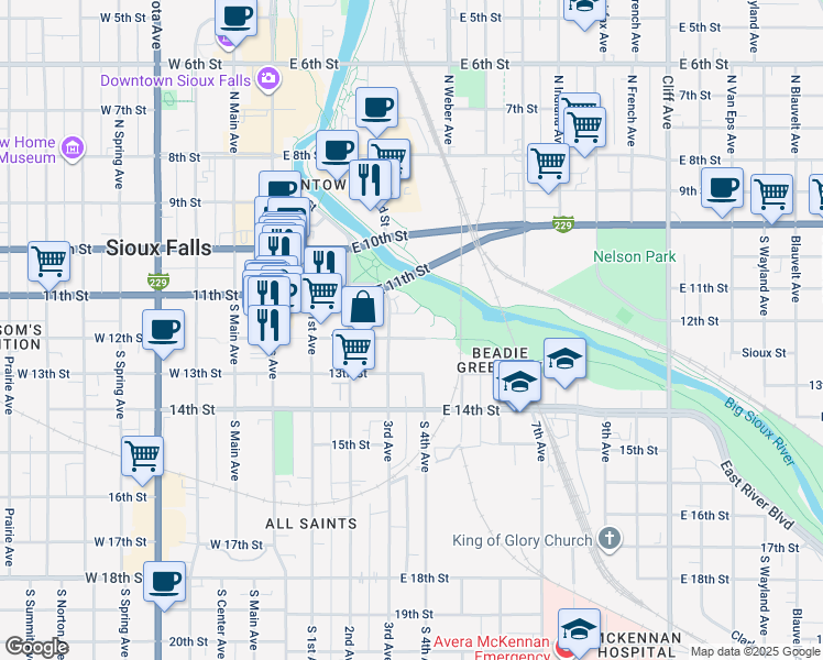 map of restaurants, bars, coffee shops, grocery stores, and more near 412 East 12th Street in Sioux Falls