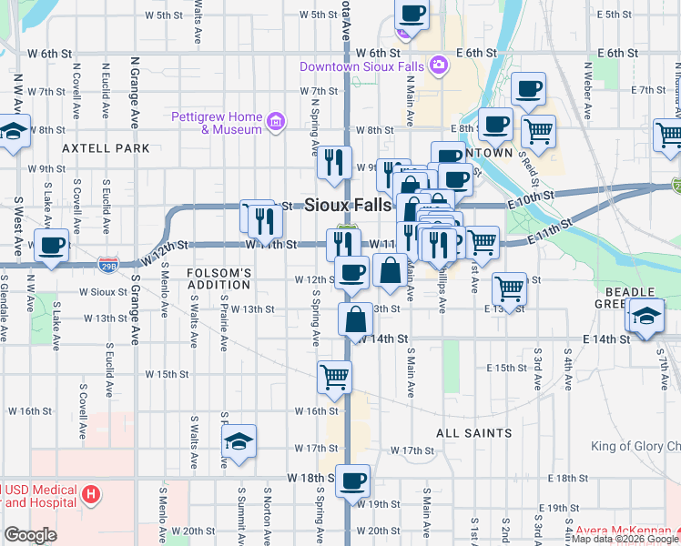 map of restaurants, bars, coffee shops, grocery stores, and more near 411 West 12th Street in Sioux Falls
