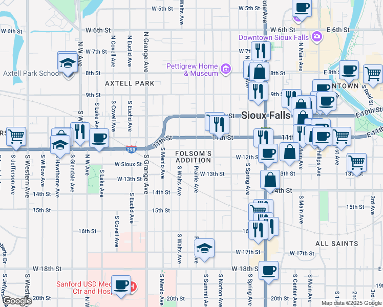 map of restaurants, bars, coffee shops, grocery stores, and more near 824 West 12th Street in Sioux Falls