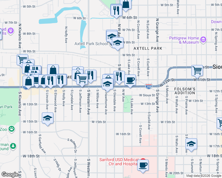 map of restaurants, bars, coffee shops, grocery stores, and more near 408 South Hawthorne Avenue in Sioux Falls