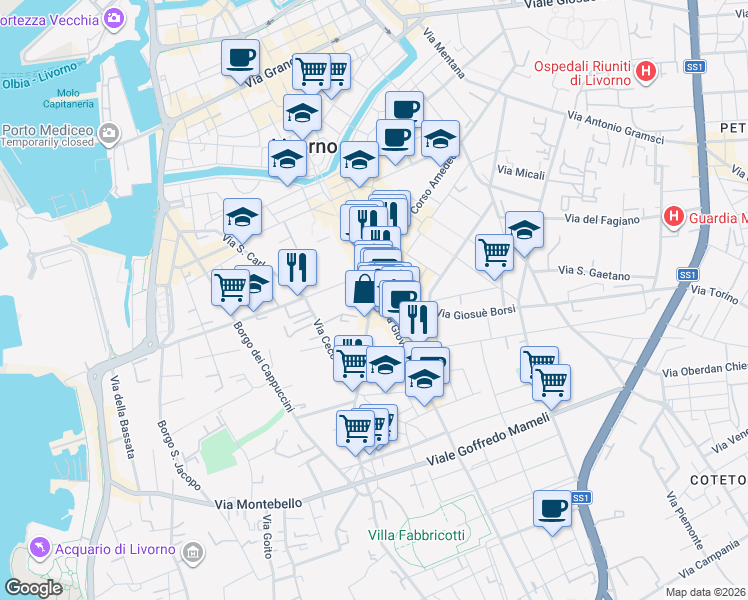 map of restaurants, bars, coffee shops, grocery stores, and more near 16 Via Leonardo Cambini in Livorno