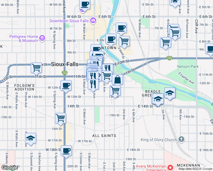 map of restaurants, bars, coffee shops, grocery stores, and more near 200-298 East 12th Street in Sioux Falls