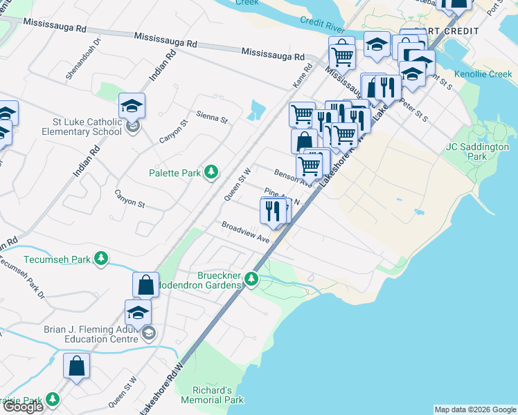 map of restaurants, bars, coffee shops, grocery stores, and more near 21A Maple Avenue North in Mississauga