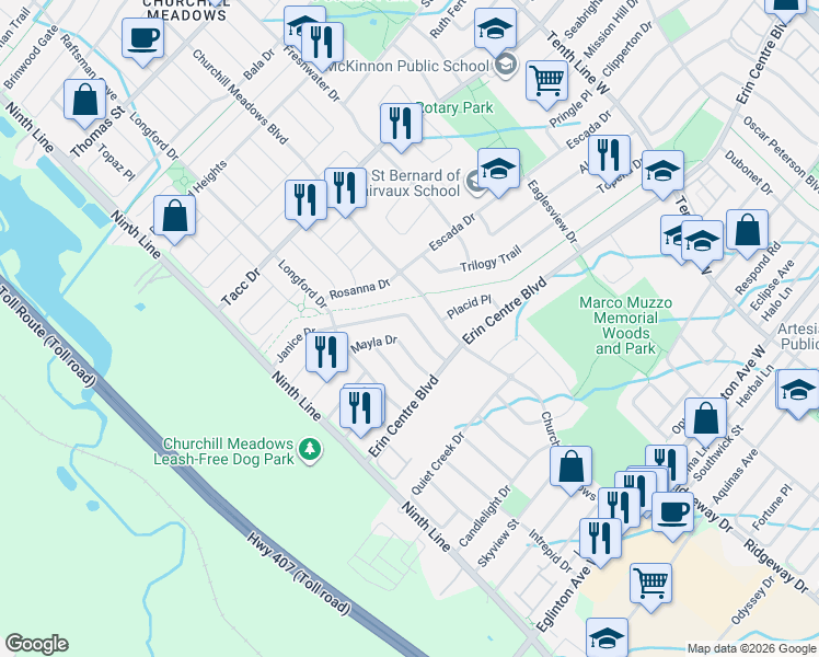 map of restaurants, bars, coffee shops, grocery stores, and more near 3861 Mayla Drive in Mississauga