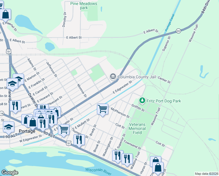map of restaurants, bars, coffee shops, grocery stores, and more near 614 East Cook Street in Portage