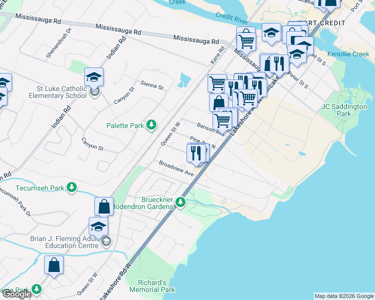 map of restaurants, bars, coffee shops, grocery stores, and more near 21A Maple Avenue North in Mississauga