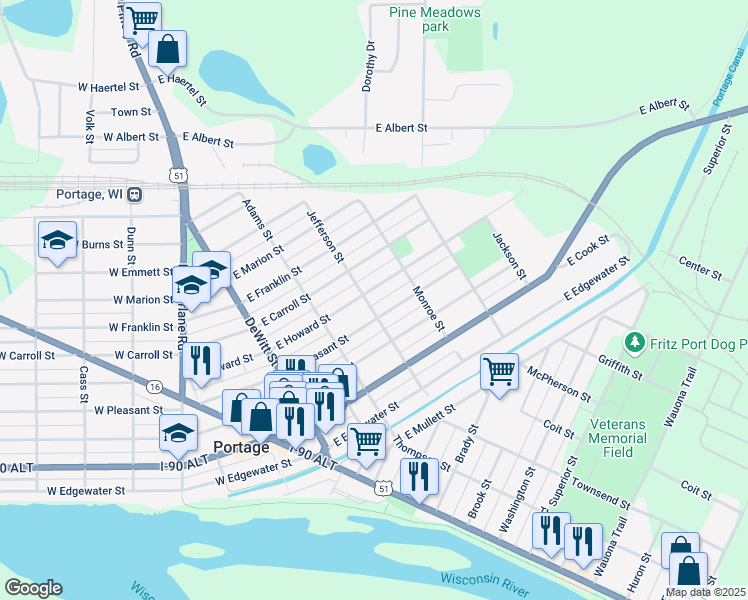 map of restaurants, bars, coffee shops, grocery stores, and more near 515 Jefferson St in Portage