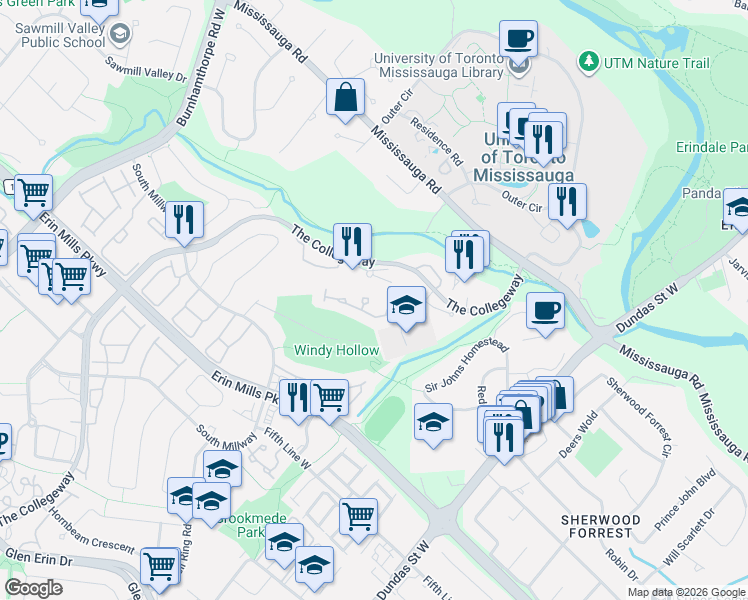 map of restaurants, bars, coffee shops, grocery stores, and more near 1905 Broad Hollow Gate in Mississauga