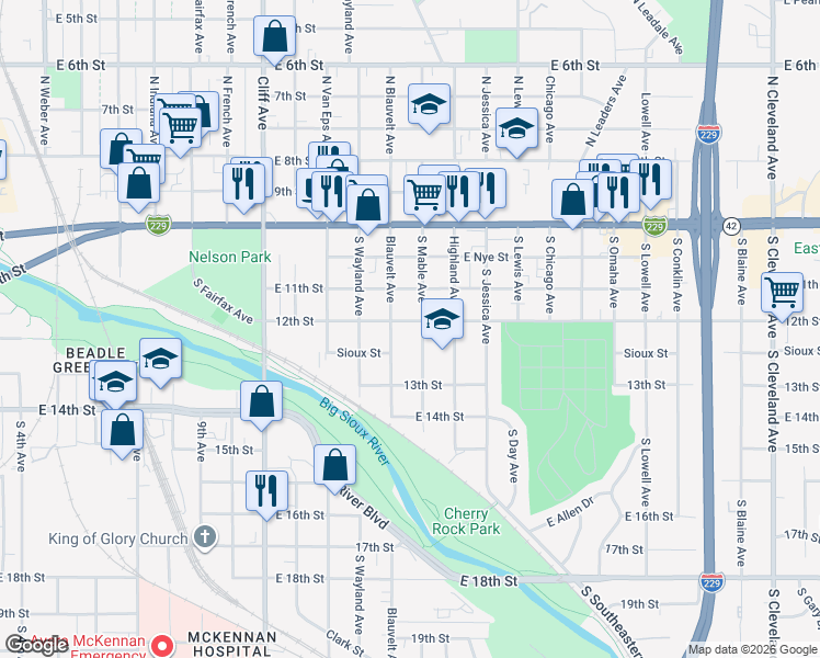 map of restaurants, bars, coffee shops, grocery stores, and more near 500-698 S Mable Ave in Sioux Falls