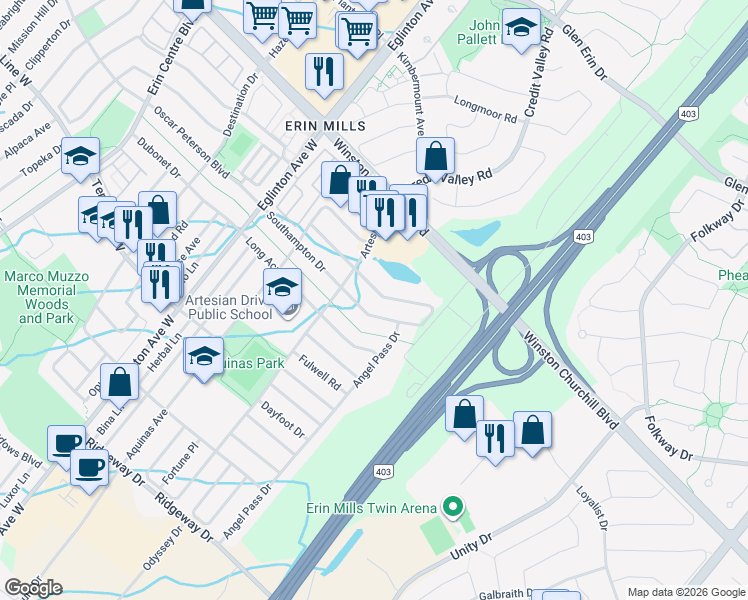 map of restaurants, bars, coffee shops, grocery stores, and more near 4675 Colombo Crescent in Mississauga