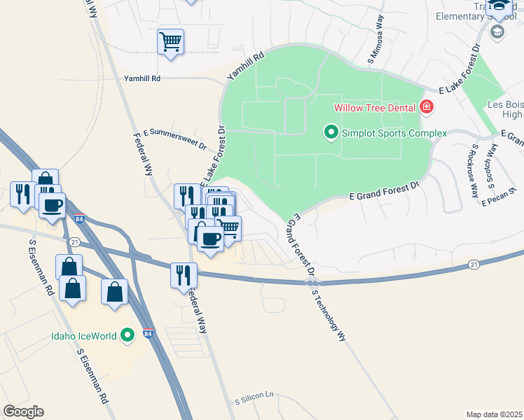map of restaurants, bars, coffee shops, grocery stores, and more near 2622 East Red Cedar Lane in Boise